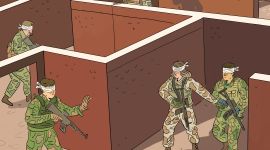 tegning av soldater som famler seg frem i en labyrint med bind for øynene. En av soldatene har klatret opp på en krakk og tatt av seg øyebindet. han har full oversikt.