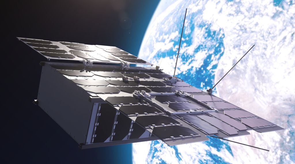 Illustrasjon av en nanosatellitt i bane rundt jorden.