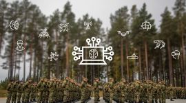 Soldater står på rekke. Over dem er det lagt inn symboler og ikoner som representerer kunstig intelligens