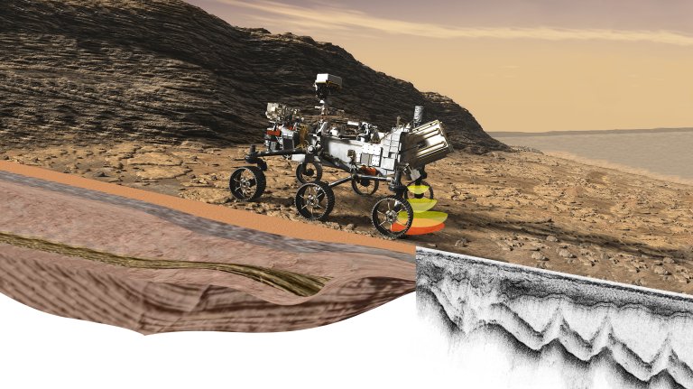 Illustrasjon av Mars-roveren «Perseverance» som kjører rundt på Mars