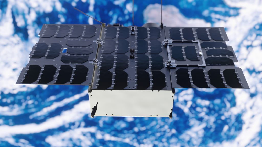 Grafisk fremstilling av solcellepanel på satellitt
