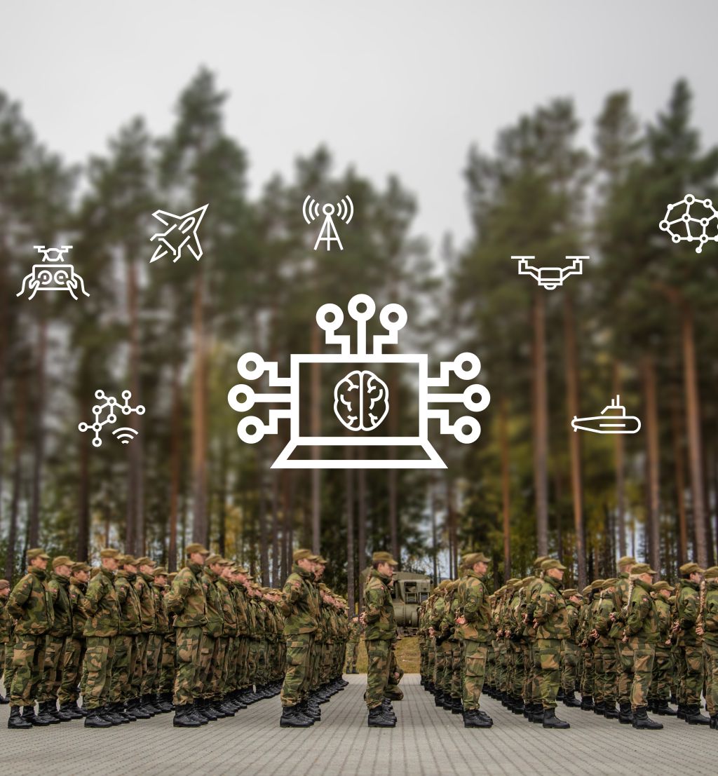 Soldater står på rekke. Over dem er det lagt inn symboler og ikoner som representerer kunstig intelligens