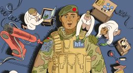 En tegning av en soldat som ligger på ryggen mens forskere gjør justeringer på utrustningen