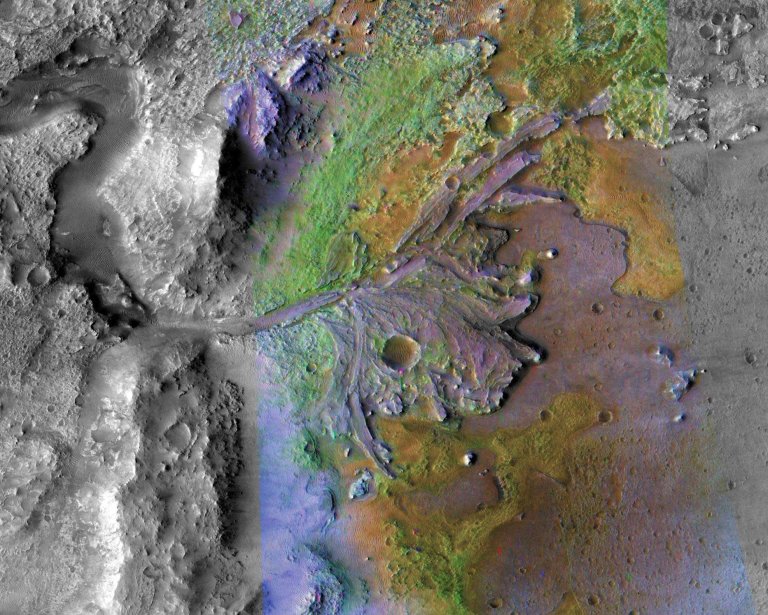 Jezero crater - et kart over landingsstedet - som ser ut som et elvedelta med grønne og blå-lilla farger.