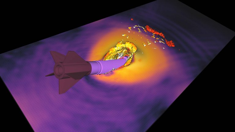 En visualisering av et missil som treffer en metallplate. 