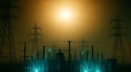 AI generert bilde av en atombombe som eksploderer i verdensrommet. I forgrunnen ser vi en trafostasjon og høydpsentledeninger, der det gnistrer på grunn av overbelasntning.