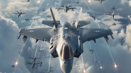 AI-generert bilde av kamflyet F-35 omringet av mange ulike små og store droner og ubemannede fly.