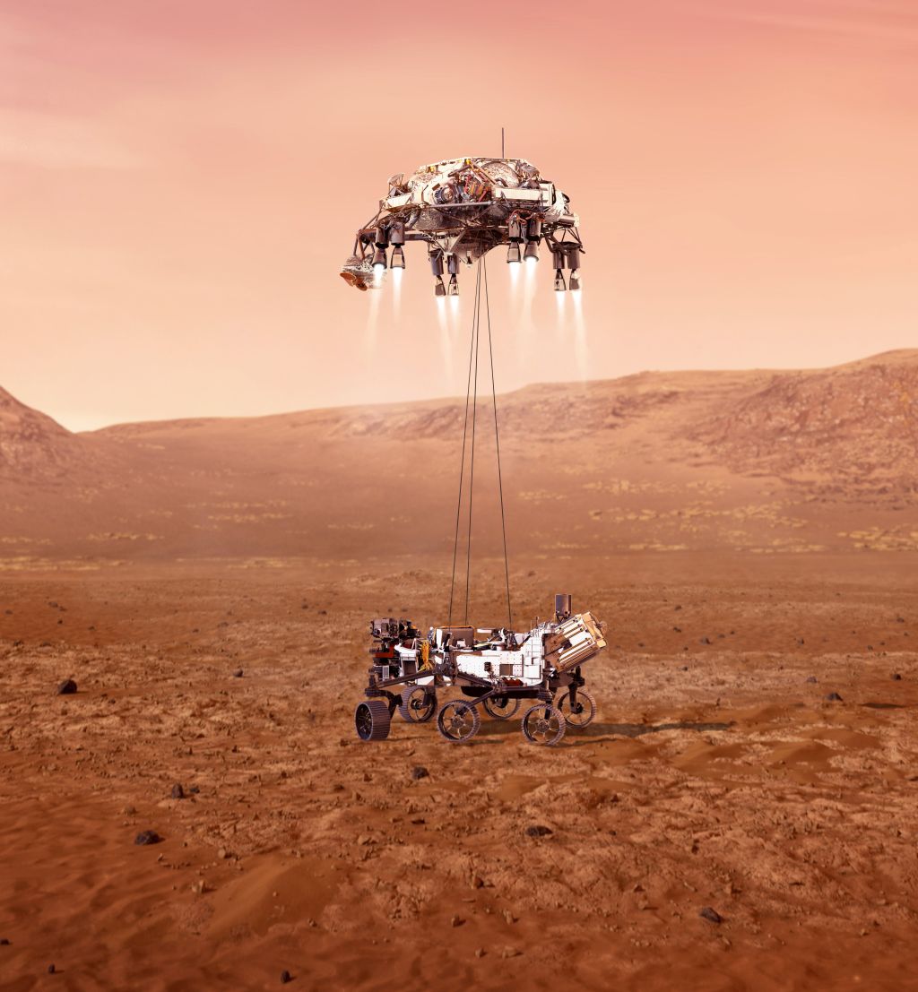 Illustrasjon av Mars-kjøretøyet Perseverance som lander på Mars.