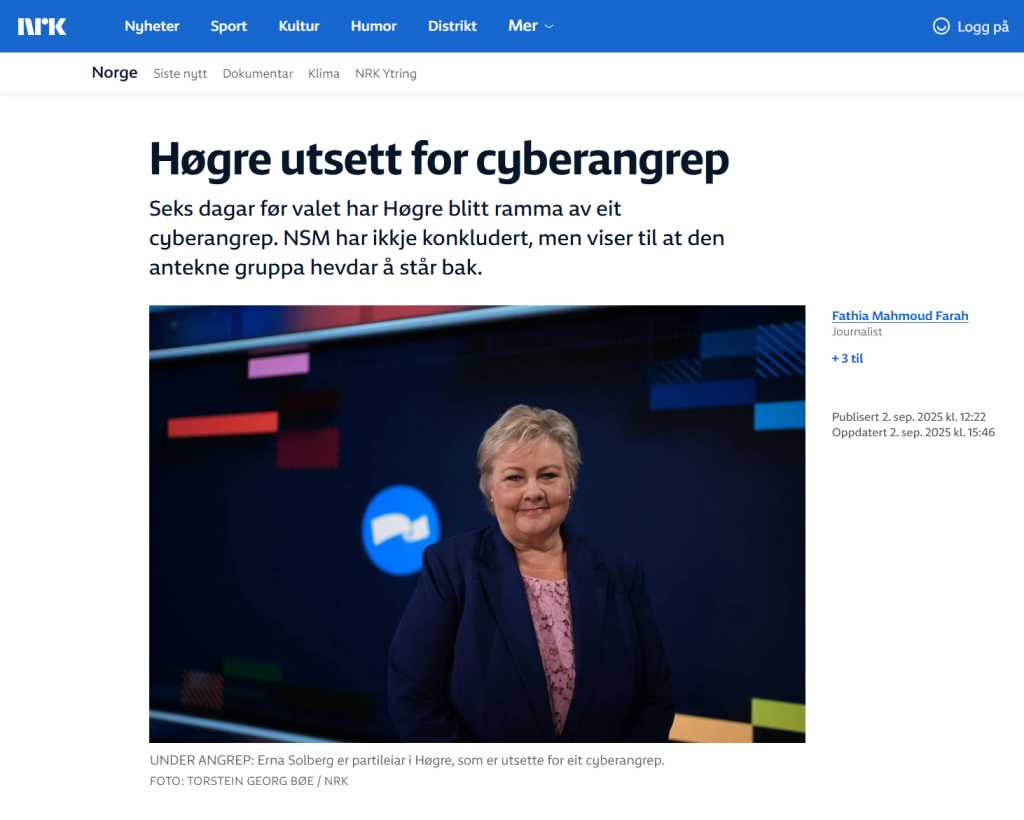 Fasimile fra nrk.no, nyhetssak om at Høyre ble rammet av cyberangrep.