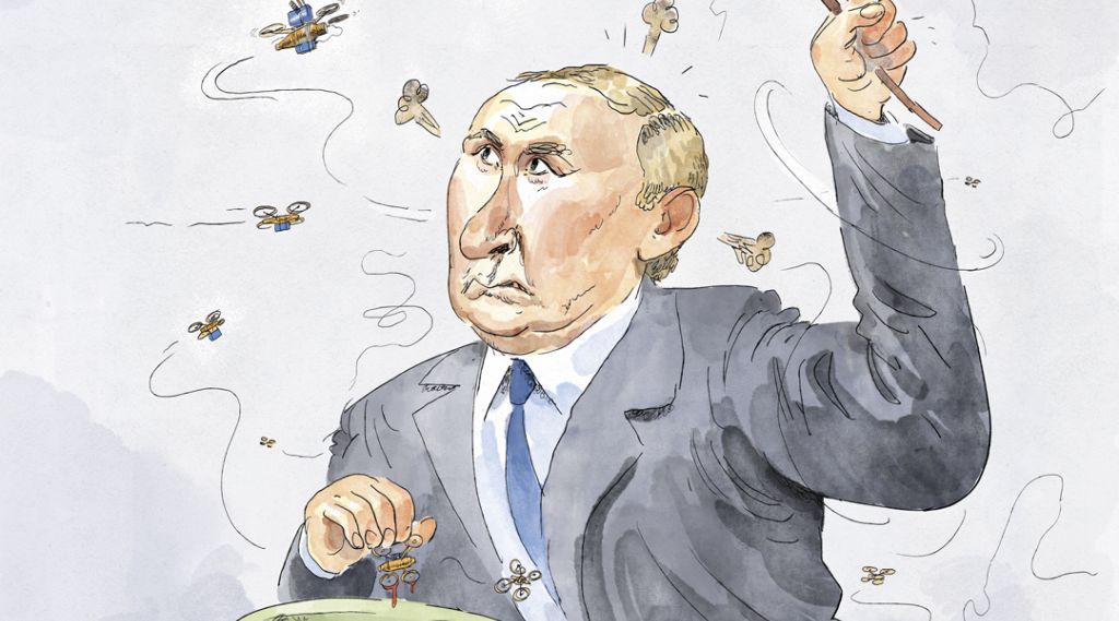 Tegning av en misfornøyd Putin som har fått droner i krigssuppa. Han slår etter droner med fluesmekker.