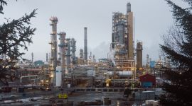 BIlde av oljeraffineri tatt i grått vintervær. Rør, tanker og lys. I forgrunnen to grantrær.