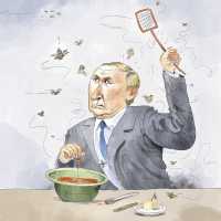 Tegning av en misfornøyd Putin som har fått droner i krigssuppa. Han slår etter droner med fluesmekker.