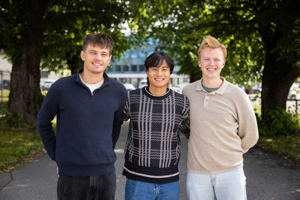 Portrett av tre studenter. Utendørs. Sommer.