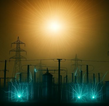 AI generert bilde av en atombombe som eksploderer i verdensrommet. I forgrunnen ser vi en trafostasjon og høydpsentledeninger, der det gnistrer på grunn av overbelasntning.