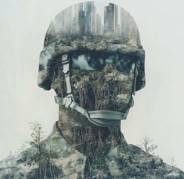 Illustrasjon generert av kunstig intelligens. Viser soldat bygget av kvister, bladet, skyer og høye bygninger.