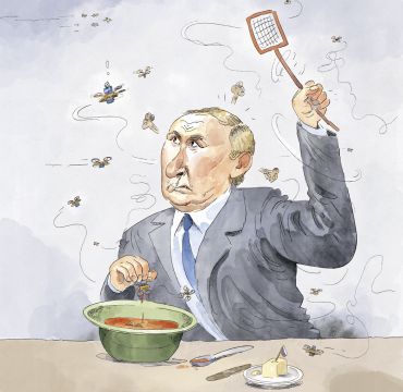 Tegning av en misfornøyd Putin som har fått droner i krigssuppa. Han slår etter droner med fluesmekker.