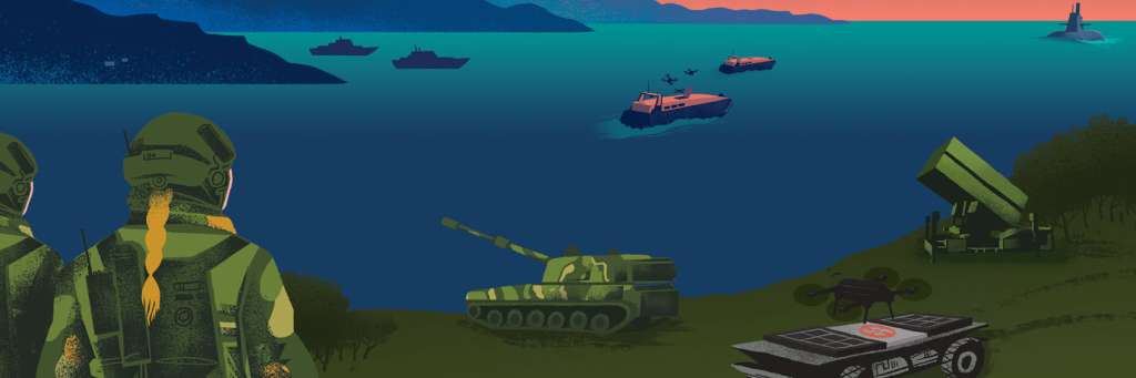 Soldat ser ut over norsk landskap. Fregatter, missiler, droner, ubåd, tanks og annet forsvarsmateriell er synlig i landskapet. Illustrasjon.