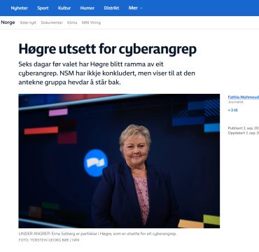 Fasimile fra nrk.no, nyhetssak om at Høyre ble rammet av cyberangrep.