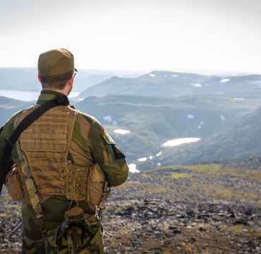 Soldat med ryggen til kamera. Utsikt. Sol. Nordnorsk fjord og fjellandskap med lyng og snøflekker. 