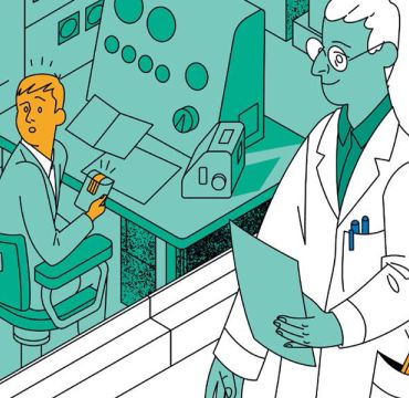 Illustrasjon av forsker med isotop i frakken