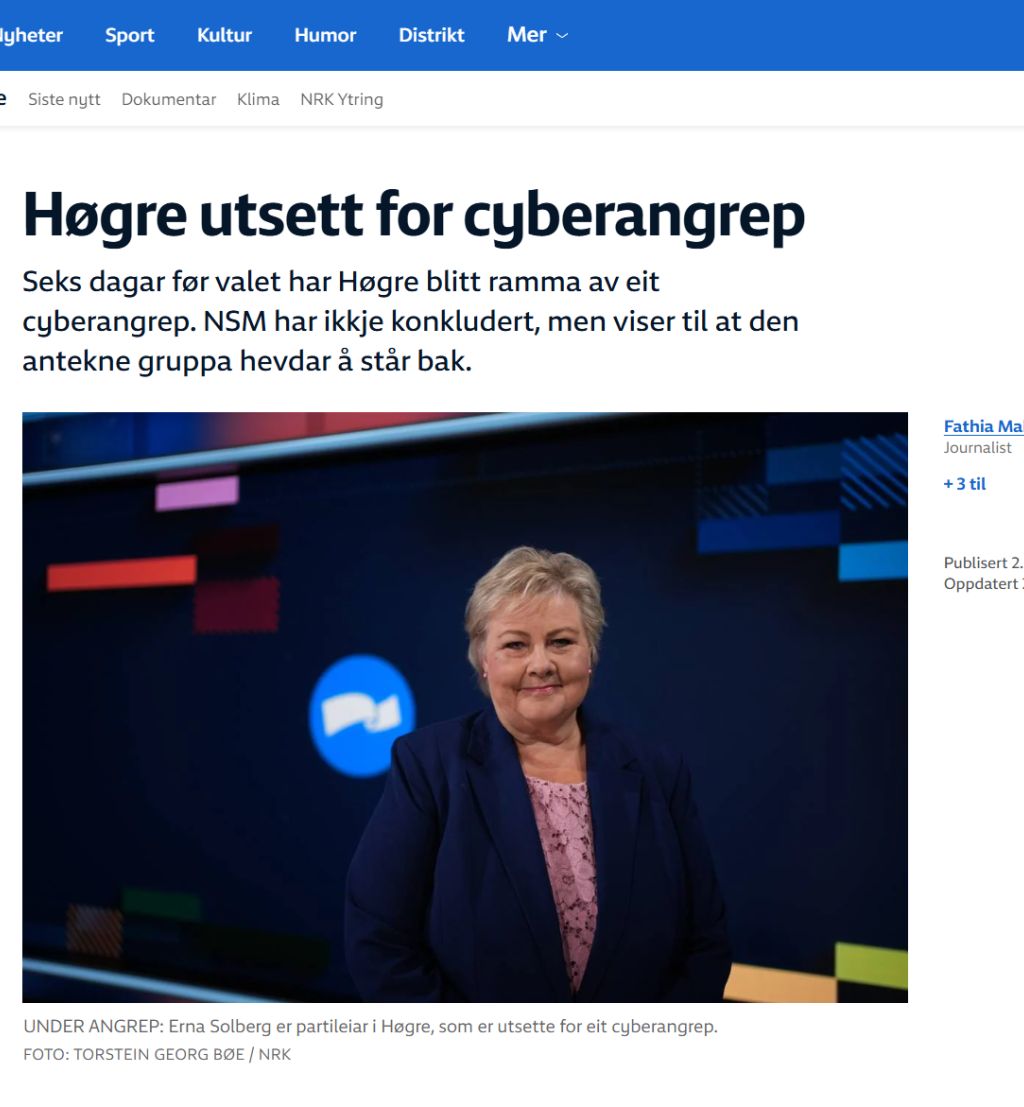 Fasimile fra nrk.no, nyhetssak om at Høyre ble rammet av cyberangrep.