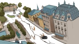 Tegnet illustrasjon av Karl Johans gate og slottet hvor det er en stor sprekk midt i gata