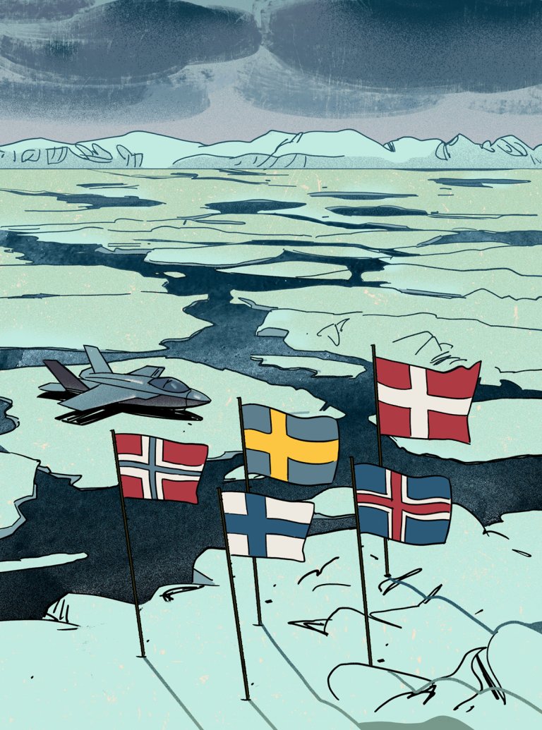 Tegnet illustrasjon av et jagerfly og de nordiske flaggene som står på havis som sprekker opp